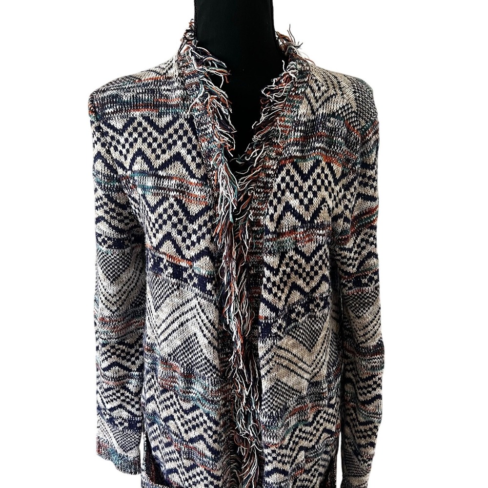 New Directions Womens Large Southwestern Fringe Longline Cardigan Sweater Blue - Picture 2 of 5